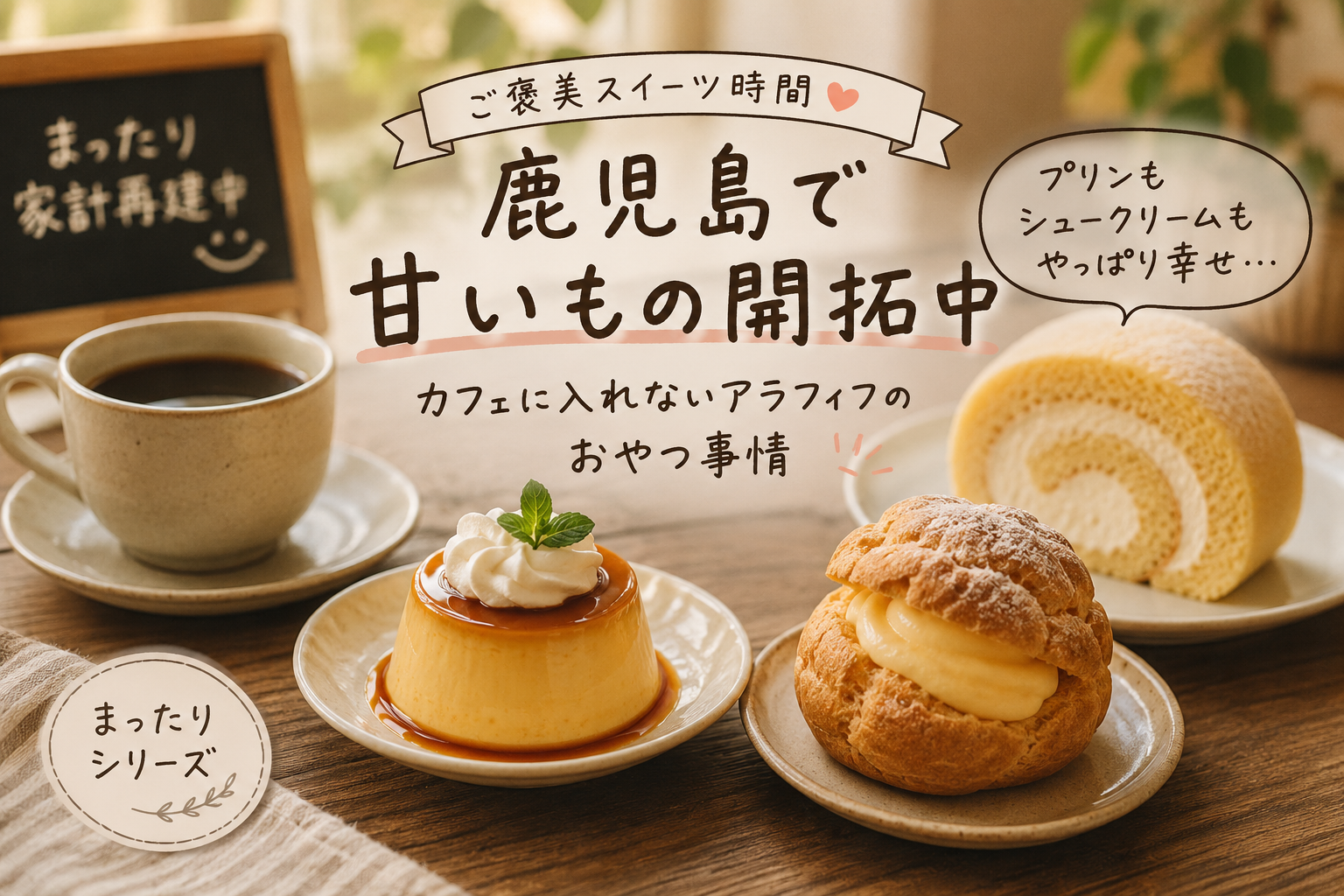 鹿児島で楽しむご褒美スイーツ。プリン・シュークリーム・ロールケーキとブラックコーヒー