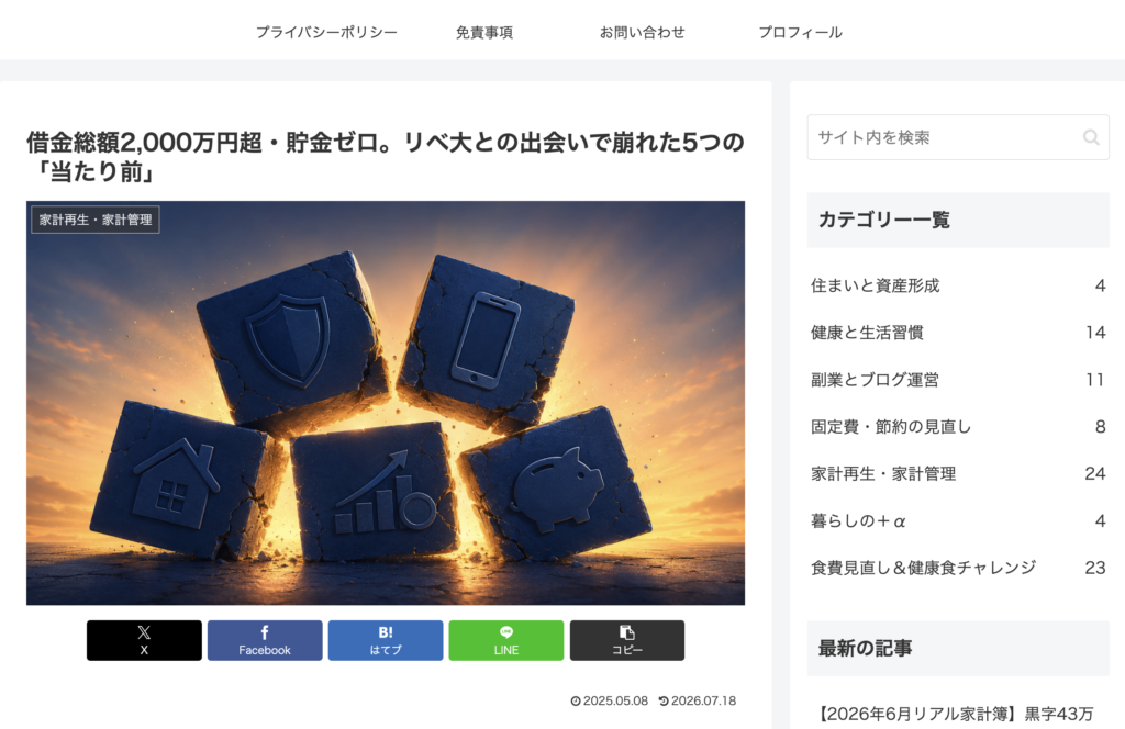 リライト完了後の記事画面。新しいタイトル「借金総額2,000万円超・貯金ゼロ。リベ大との出会いで崩れた5つの当たり前」と、5つの崩れるブロックを描いた新しいアイキャッチ画像が表示されている